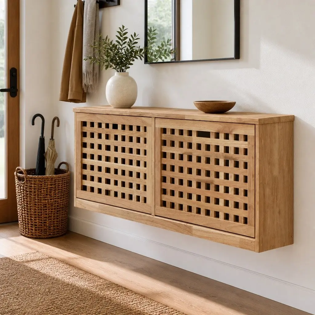 Wooden Shoe Storage Bench Brown Hallway Seating Organiser Lattice Design