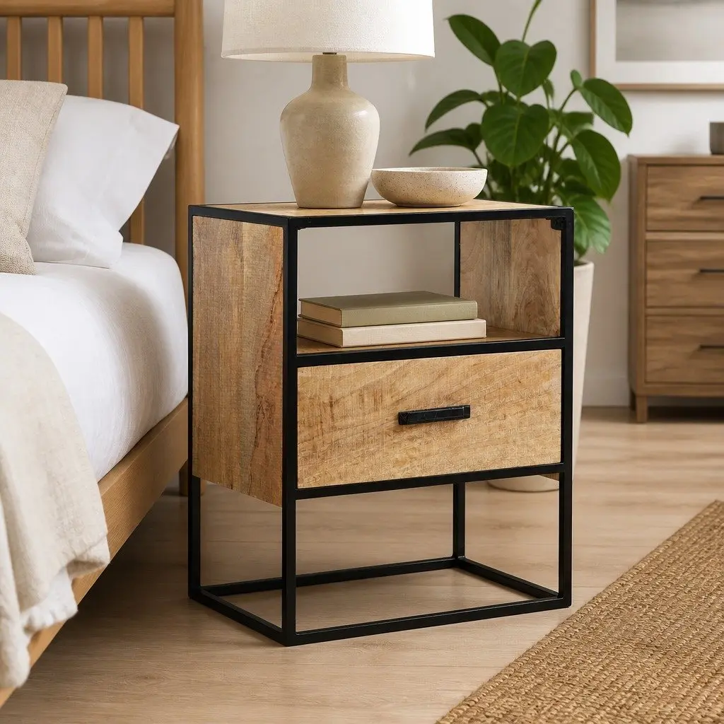 Bedside Table Nightstand Bedroom 40x30x50cm Solid Mango Wood with Steel Legs Brown