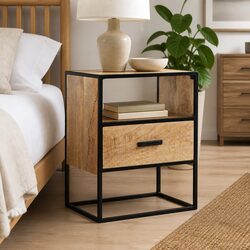 Bedside Table 40L x 30W x 50H cm - Solid Mango Wood, Steel