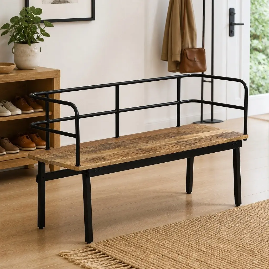 Solid Mango Wood Bench with Iron Legs