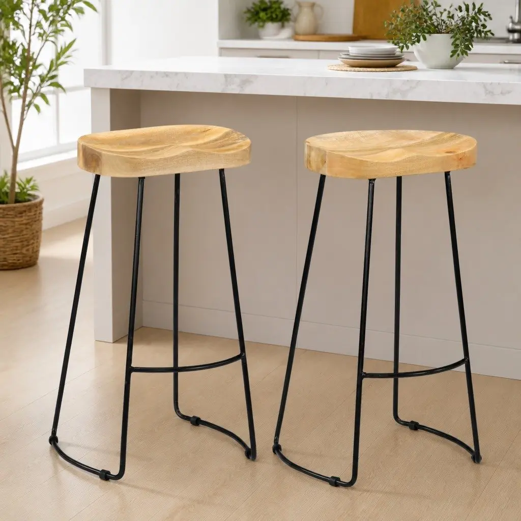 Bar Stools 2 pcs Solid Mango Wood Retro Vintage Wooden Kitchen Counter Seat