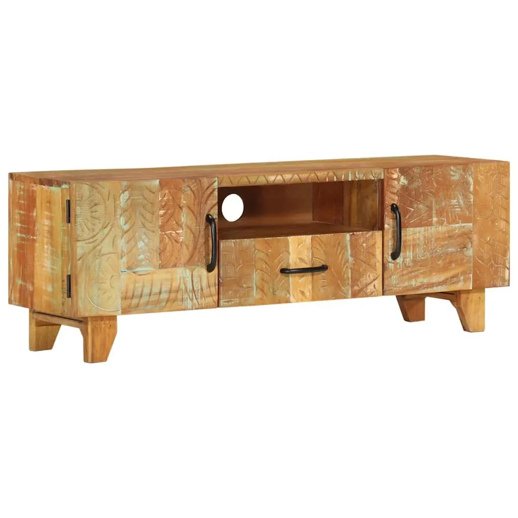 TV Cabinet 120x30x40 cm Solid Reclaimed Wood Hand Carved Doors Drawer Storage