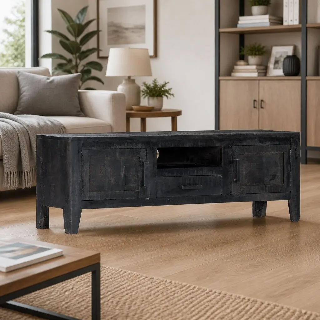 TV Cabinet Black Living Room 118x30x40cm Solid Mango Wood Storage Unit