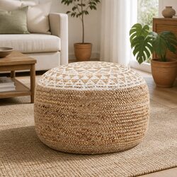 White Braided Jute Pouffe Footstool - Dimensions 45 x 30 cm