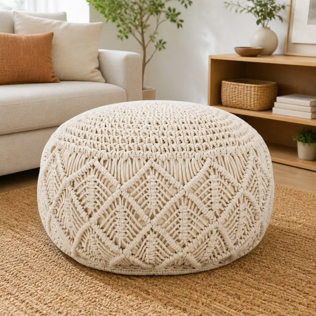 Macrame Pouffe Footstool Handmade Cotton Round Pouf Boho Seat Footrest 45x30cm