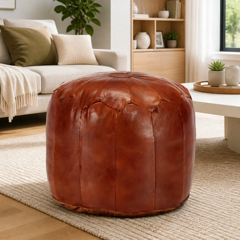 Tan Goat Leather Pouffe Ottoman