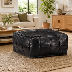 Black Pouffe Footstool - 60 x 60 x 30 cm Goat Leather