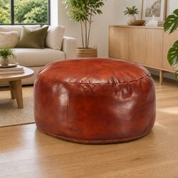 Pouffe Footstool Ottoman Brown Tan Leather Foot Rest Relaxation