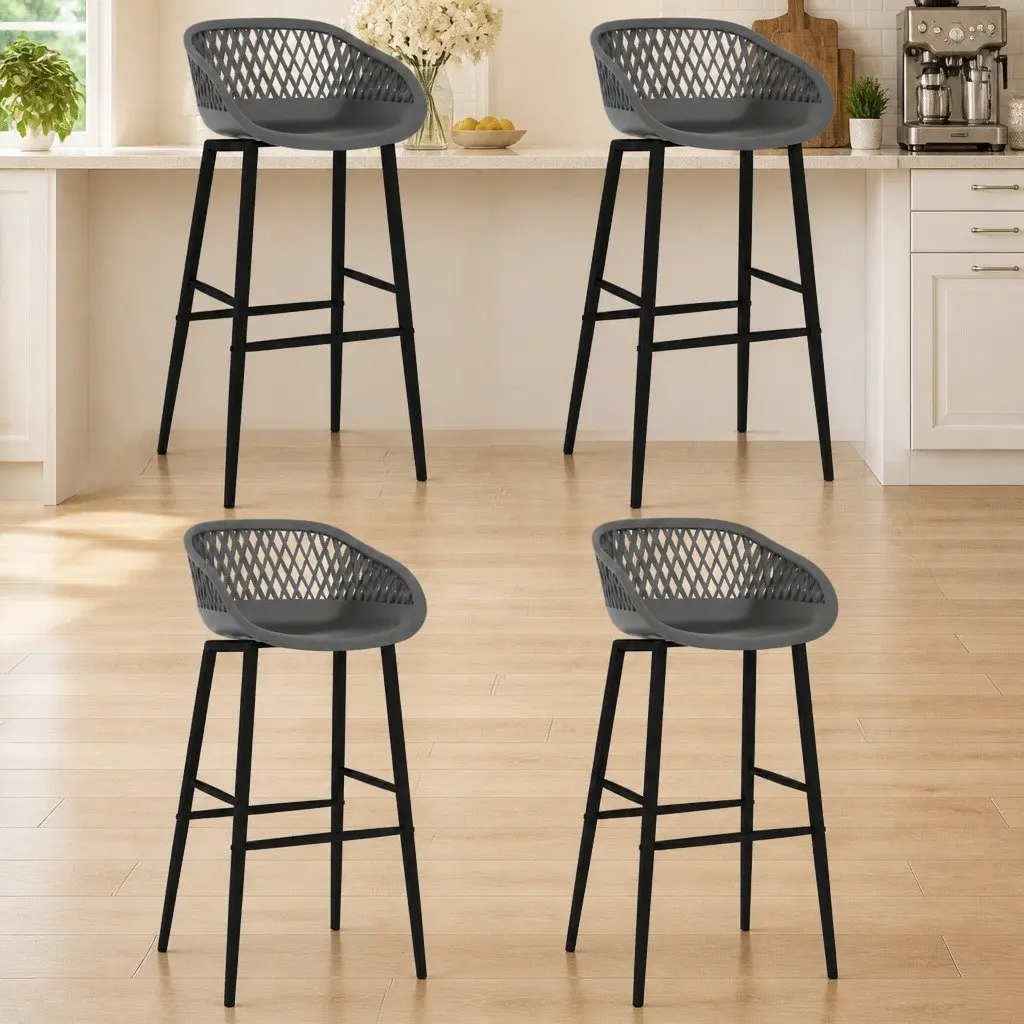 4 Ergonomic Grey Bar Stools with Metal Legs
