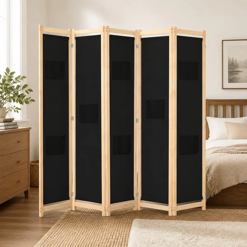 5-Panel Room Divider Freestanding Wooden Frame Fabric Screen Partition Folding
