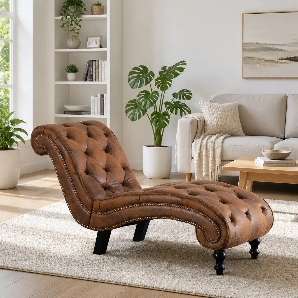Chaise Lounge for Living Room Brown Faux Suede Leather Padded