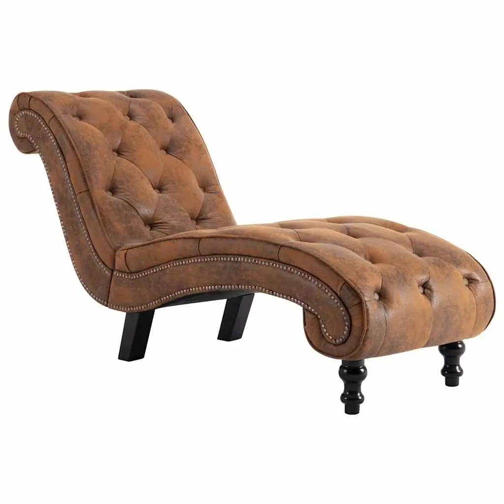 Chaise Lounge for Living Room Brown Faux Suede Leather Padded