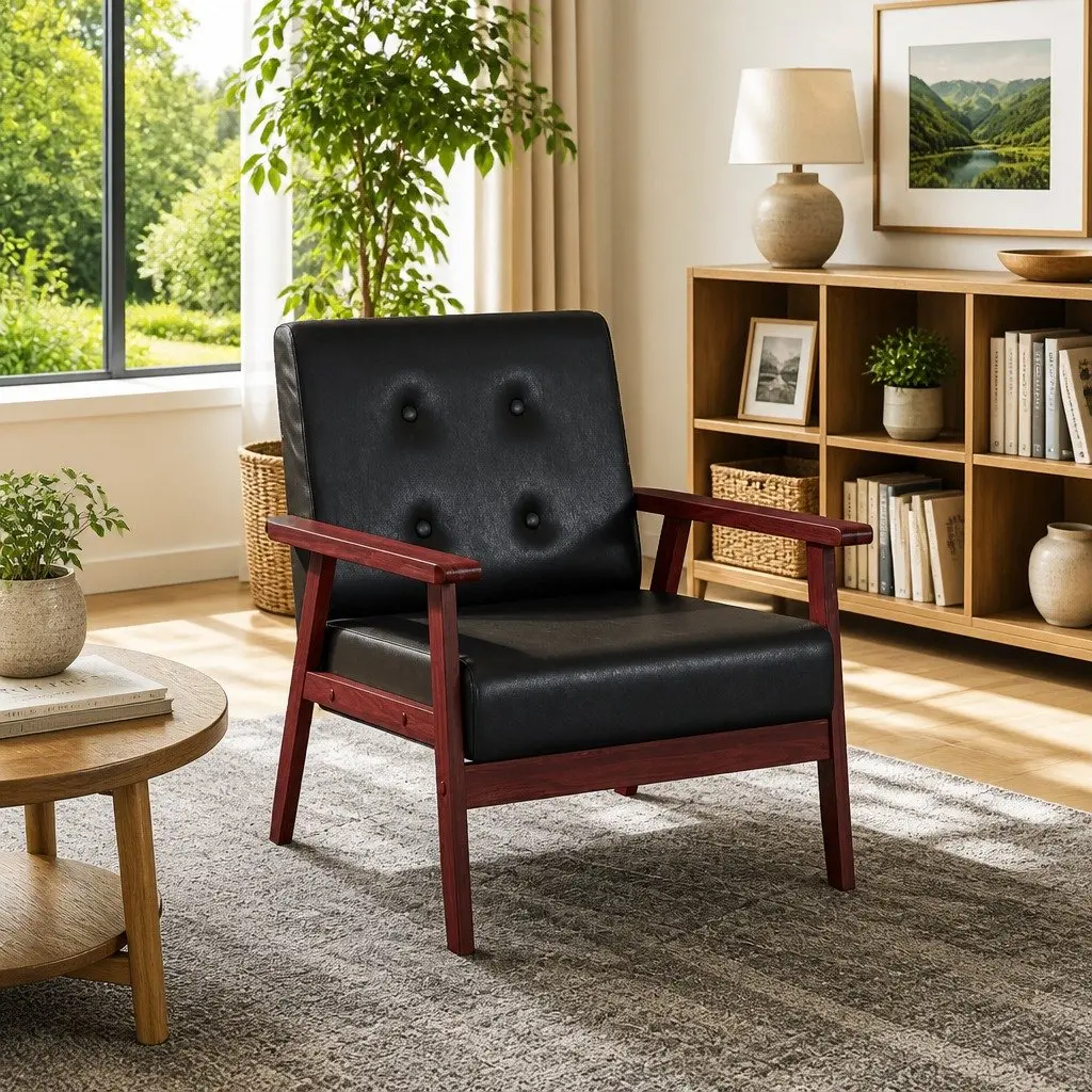 Black Faux Leather Armchair Retro Design Lounge Living Room Accent Chair