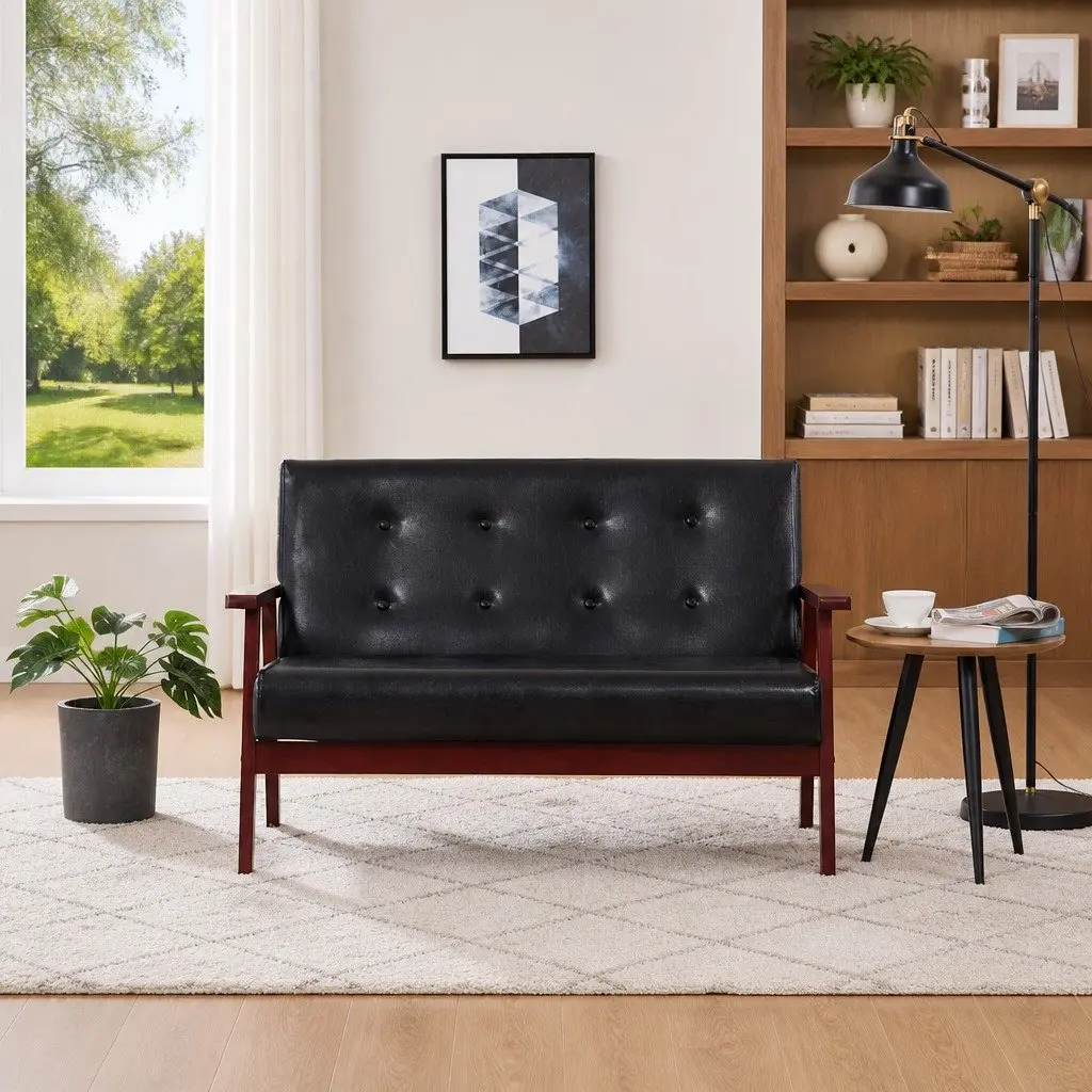 Black Faux Leather 2-Seater Sofa with Sturdy Frame
