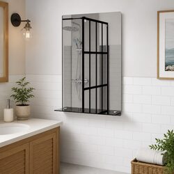 40x60cm Tempered Glass Wall Mirror with Shelf in Silver