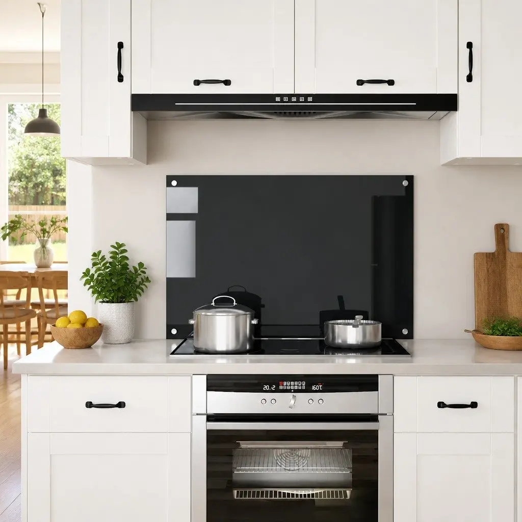 Black Tempered Glass Backsplash Panel 90x60 cm, Heat Resistant