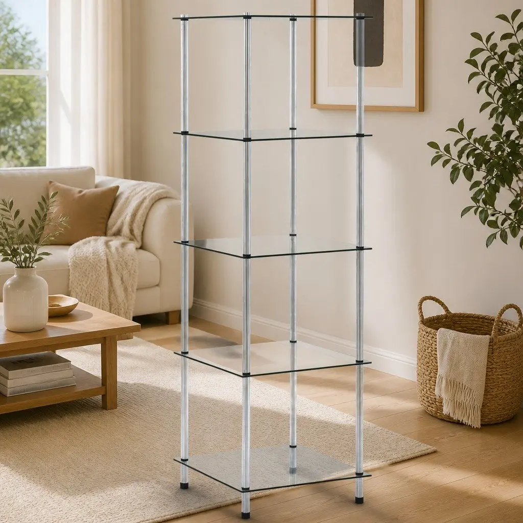 5-Tier Standing Shelf Living Room Office Bathroom Transparent Tempered Glass Display Storage Unit
