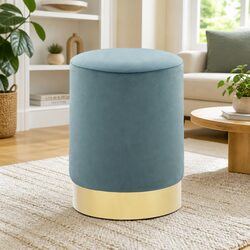 Velvet Barrel Stool Light Blue Gold Base Living Room Bedroom Footrest Ottoman