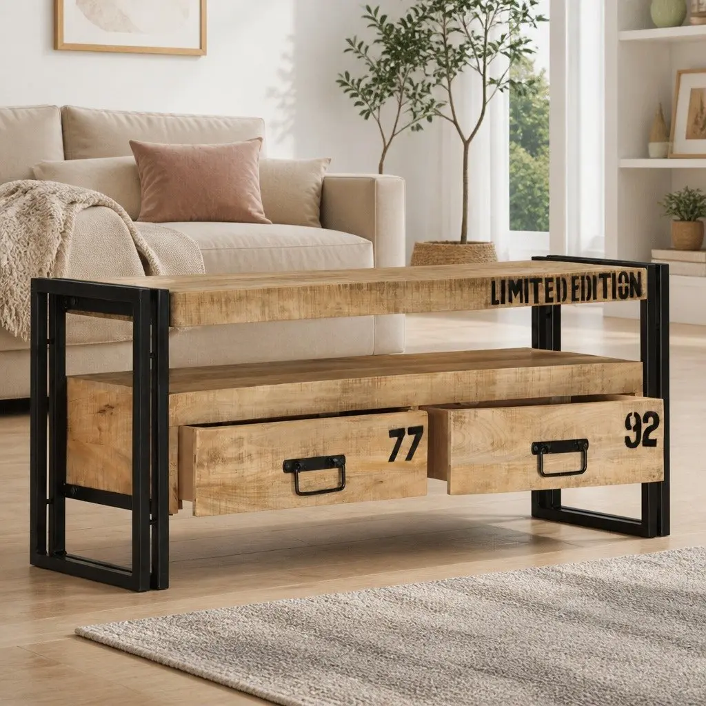 TV Cabinet Living Room 100x30x45 cm Solid Mango Wood Storage Unit with Drawers Compartment