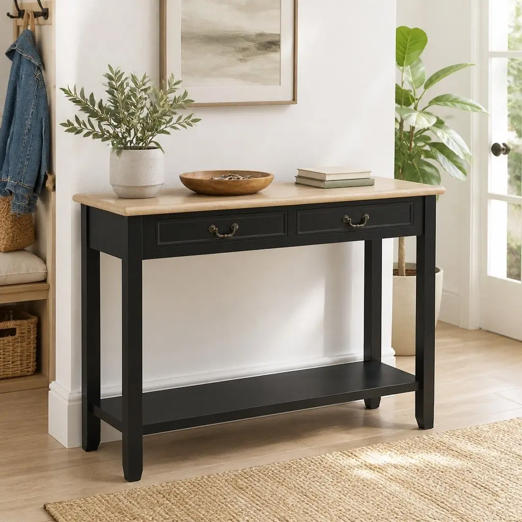 Black Console Table for Entryway Living Room 110x35x80 cm Wood Accent End Table with Drawers Shelf