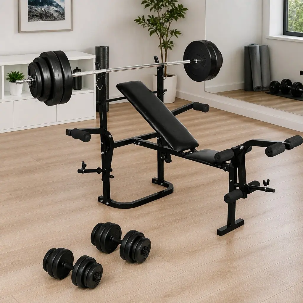 Folding Weight Bench for Home Gym 30 kg Dumbbell and 60 kg Barbell Set White