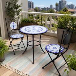 3 Piece Bistro Set Blue White Ceramic Tile Outdoor Patio Garden Furniture Chairs