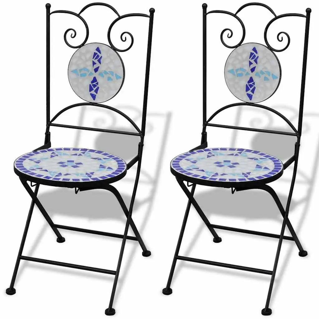 Bistro Set for Outdoor Patio Garden 3 Piece Blue White Ceramic Tile
