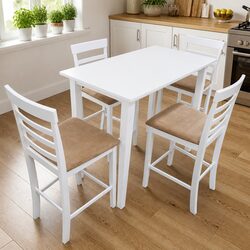 White Wooden Bar Table Set with 4 Stools - Specs Included