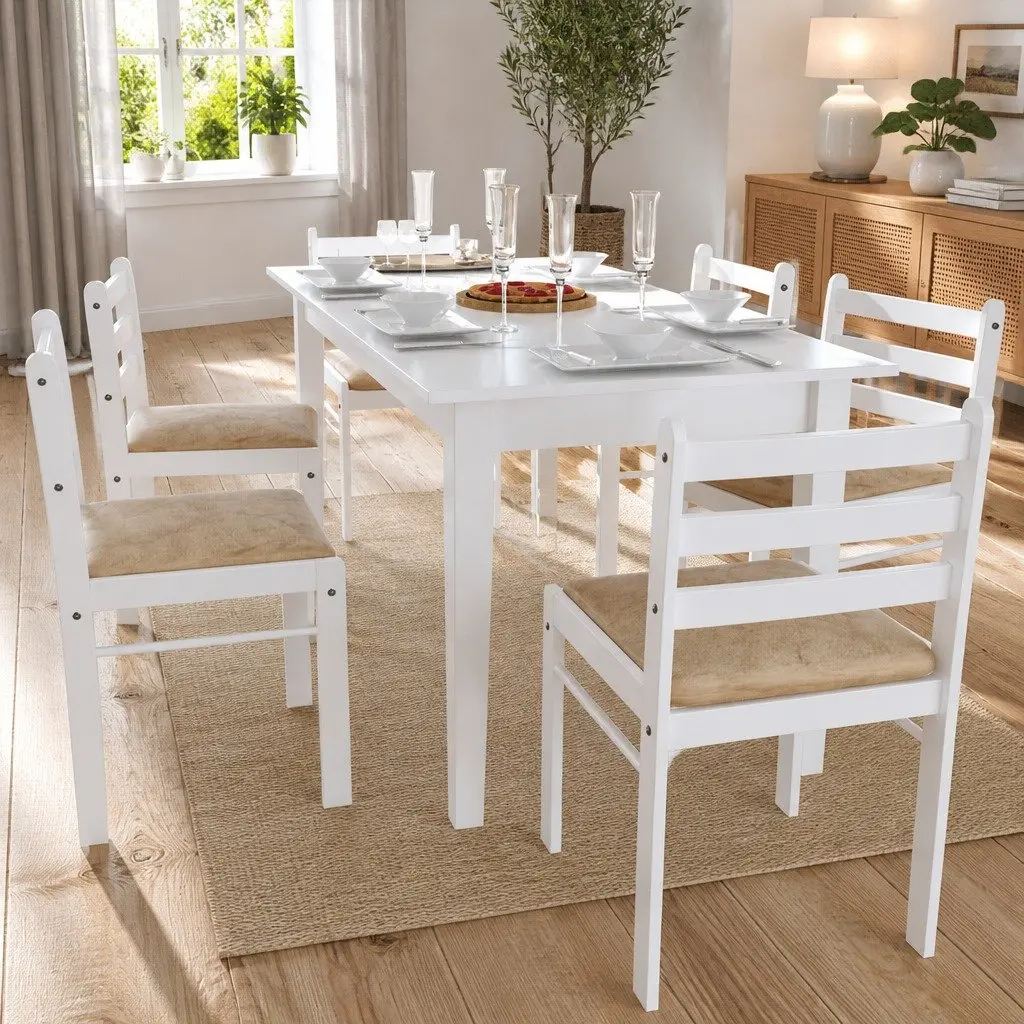 Dining Chairs Set 6 Piece Kitchen Dining Room White Rubberwood Padded Seat