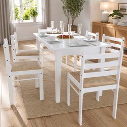 Set of 6 Dining Chairs: White Rubberwood & Polyester