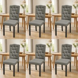 Dining Chair Set of 6 - Grey Fabric with Wooden Legs