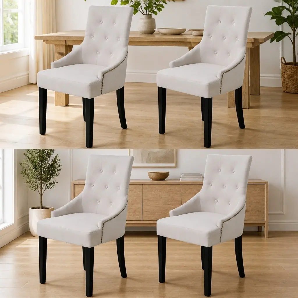 Dining Chairs Kitchen Room Cream Fabric 4 Piece Padded Backrest Armrest