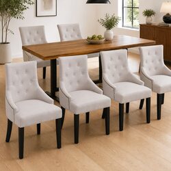 6 Dining Chairs Set – Cream Fabric Upholstery and Sturdy Build