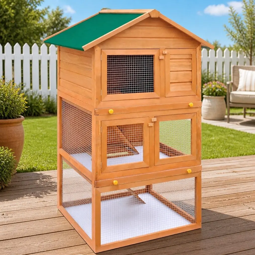 3 Layer Wooden Rabbit Hutch with Iron Mesh and Trays
