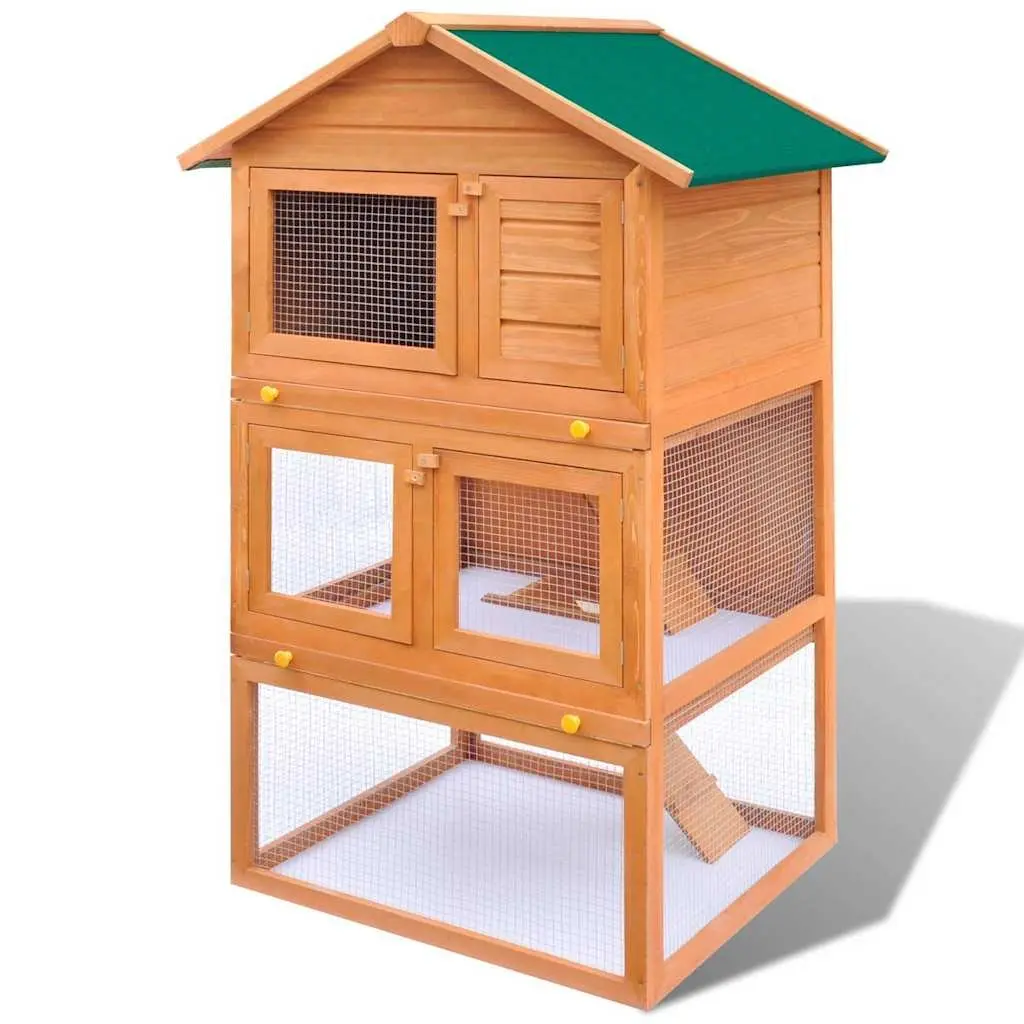 3 Layer Wooden Rabbit Hutch with Iron Mesh and Trays