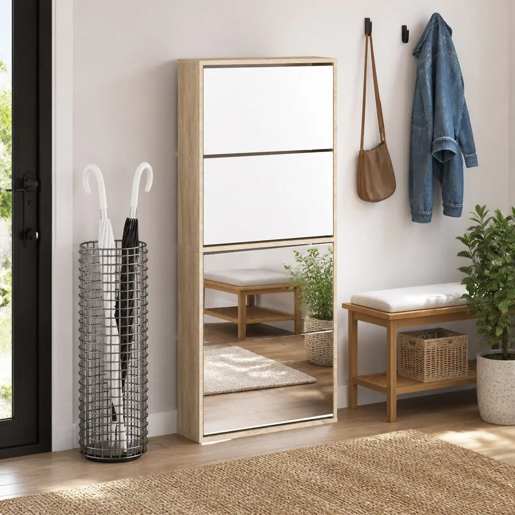 Shoe Cabinet 4-Layer Mirror Brown Wall-Mounted Hallway Storage Organiser