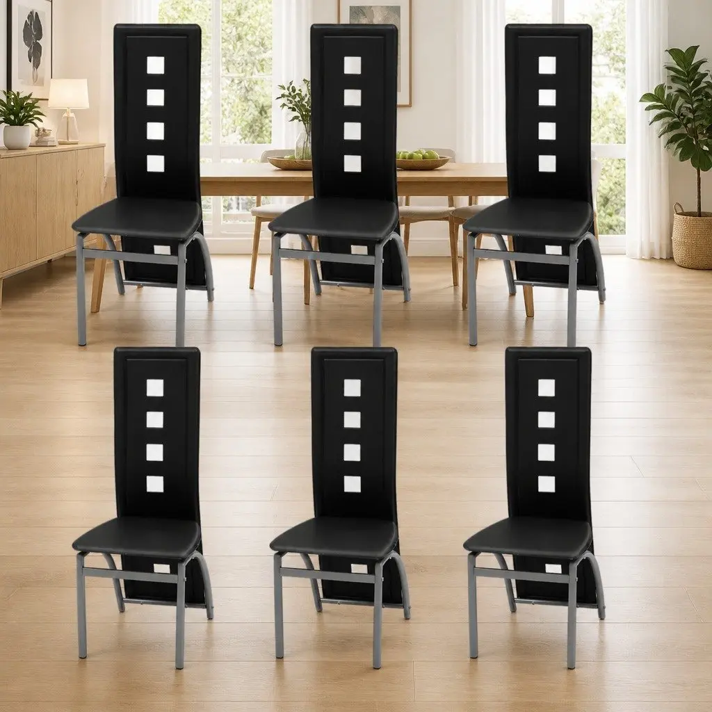 Dining Chairs Kitchen Room Set of 6 Black Faux Leather High Backrest