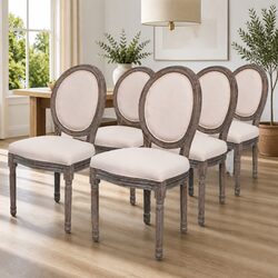 Dining Chairs Set of 6: Cream Linen Upholstery Details