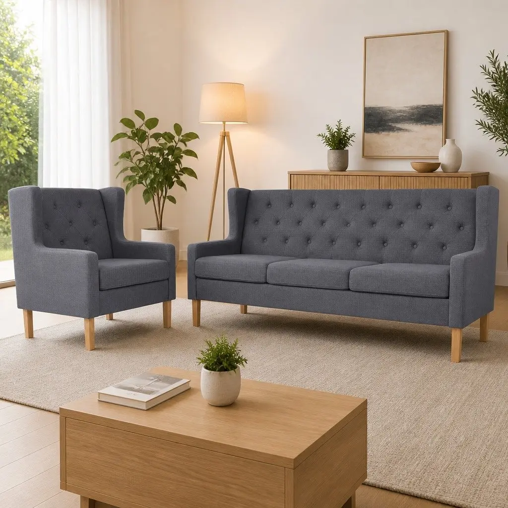 Sofa Set Living Room Grey Fabric 2 Piece 1 Armchair 1 Three-Seater