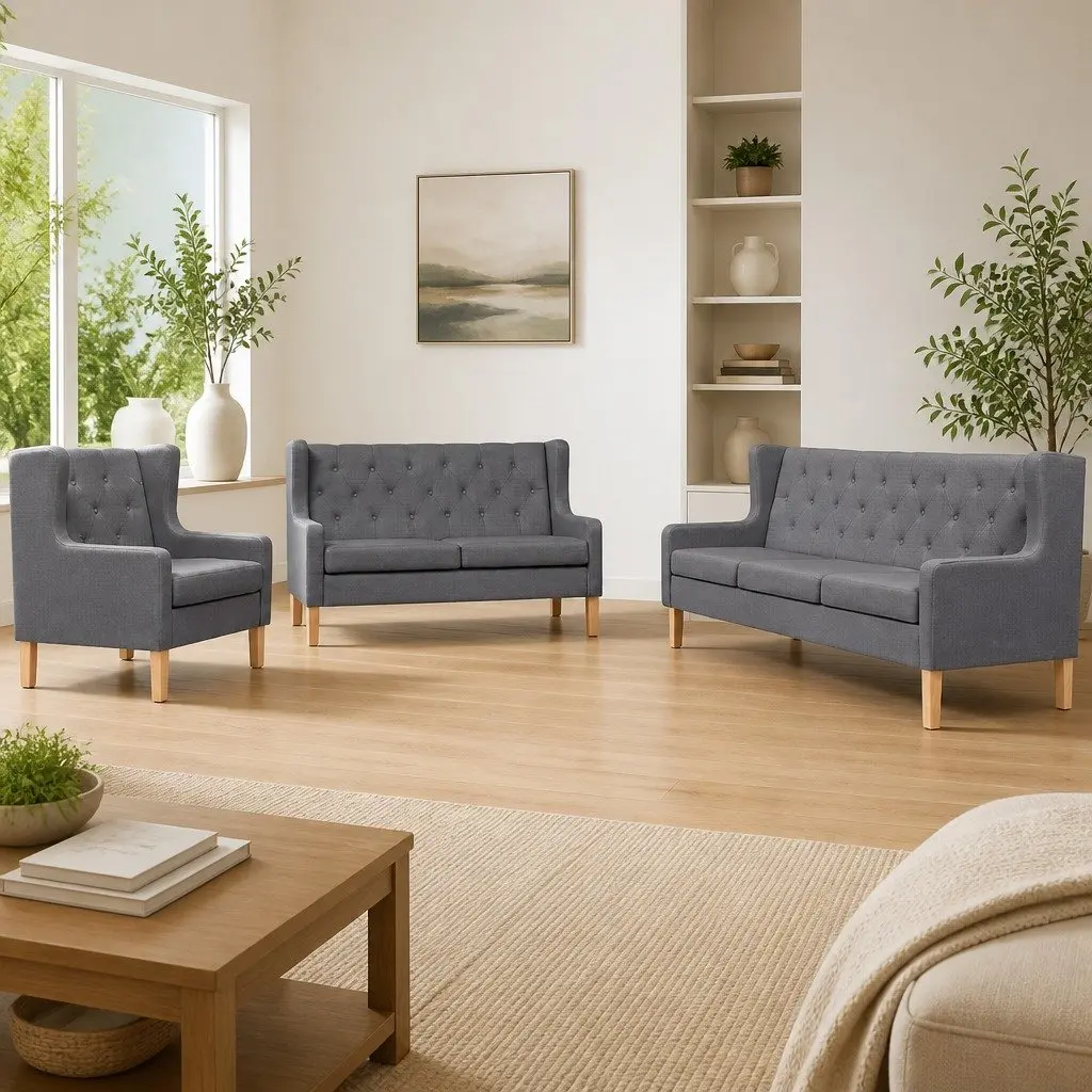 3-Piece Sofa Set Grey Fabric Armchair 2-Seater 3-Seater Living Room Lounge