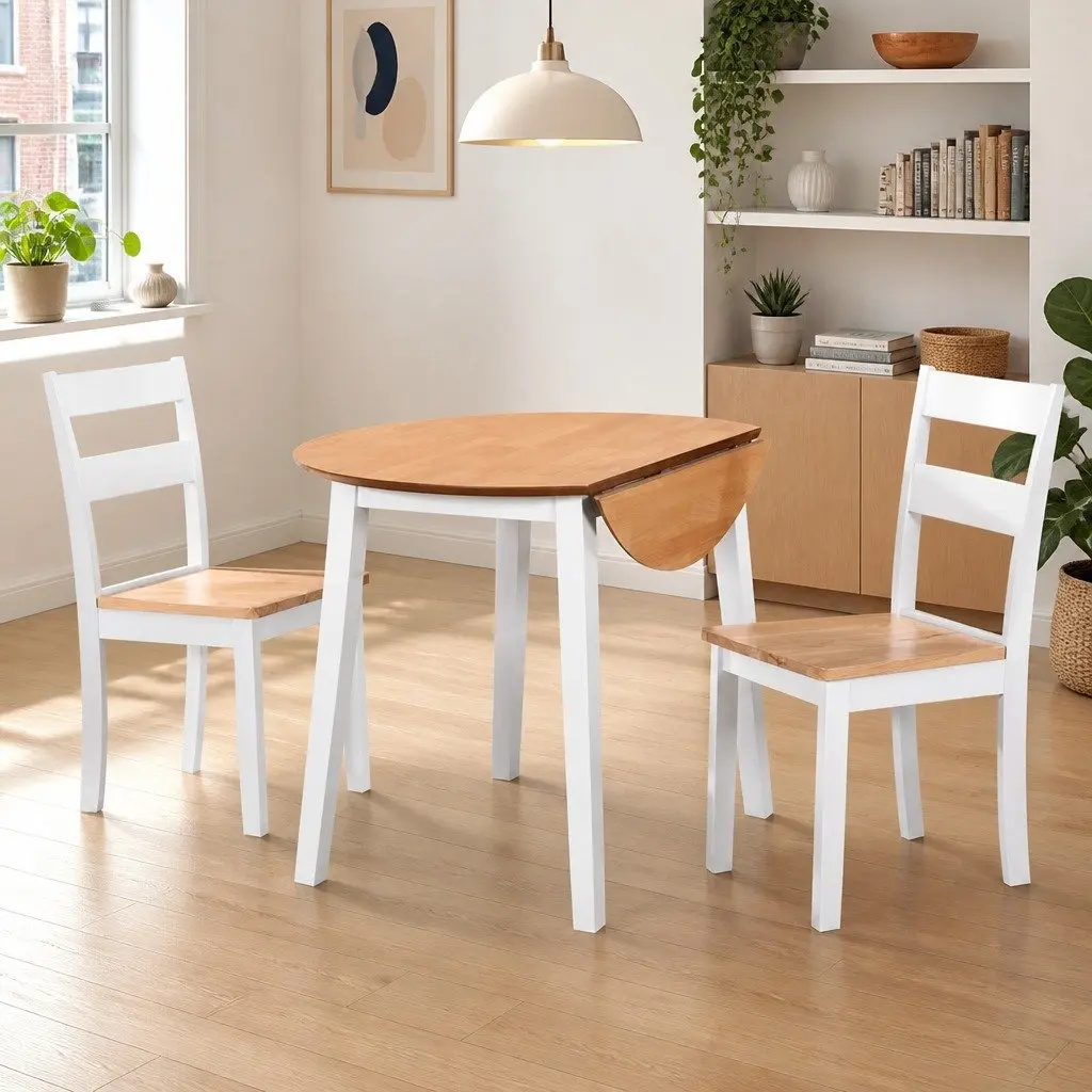 3-Piece White Drop-Leaf Table and Chair Dining Set