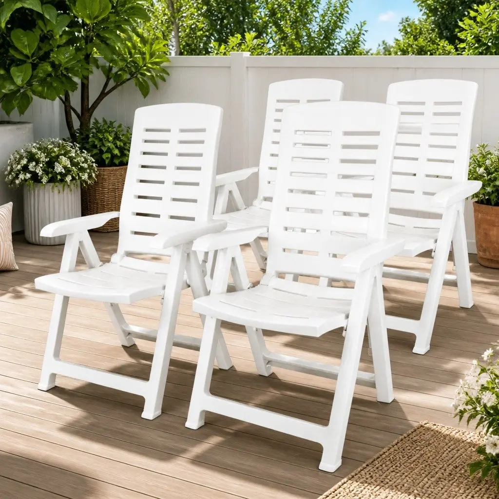 Reclining Garden Chairs Set 4 Pcs Outdoor Patio White Adjustable Folding