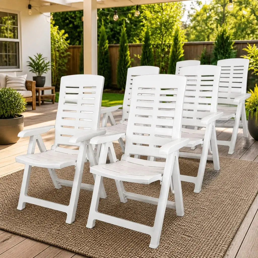 Folding Plastic Outdoor Garden Chairs Set 6 Pieces White Reclining Patio Seating