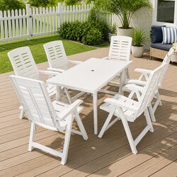 Outdoor Dining Set 7 Piece White Plastic Garden Table Folding Chairs Reclining