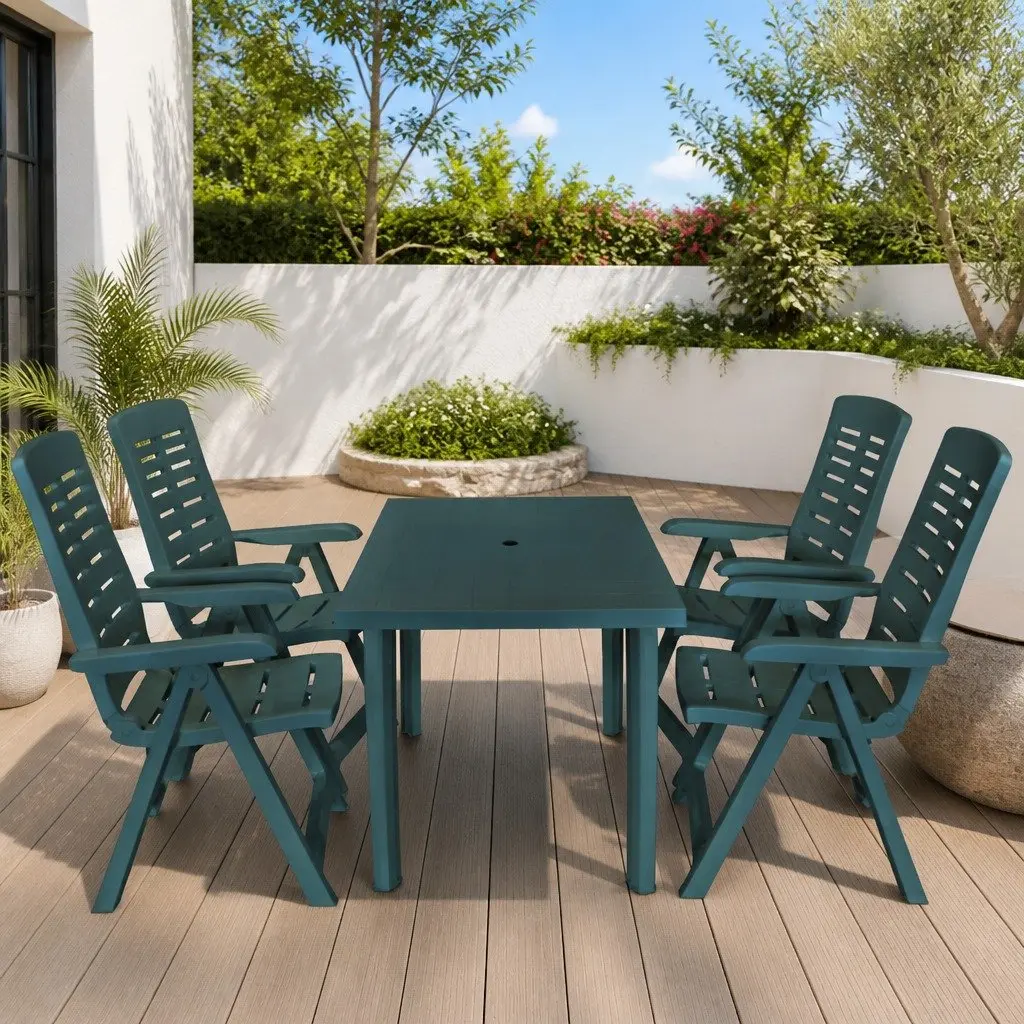 Outdoor Dining Set Garden Patio 5 Piece Green Table Folding Chairs Umbrella Hole
