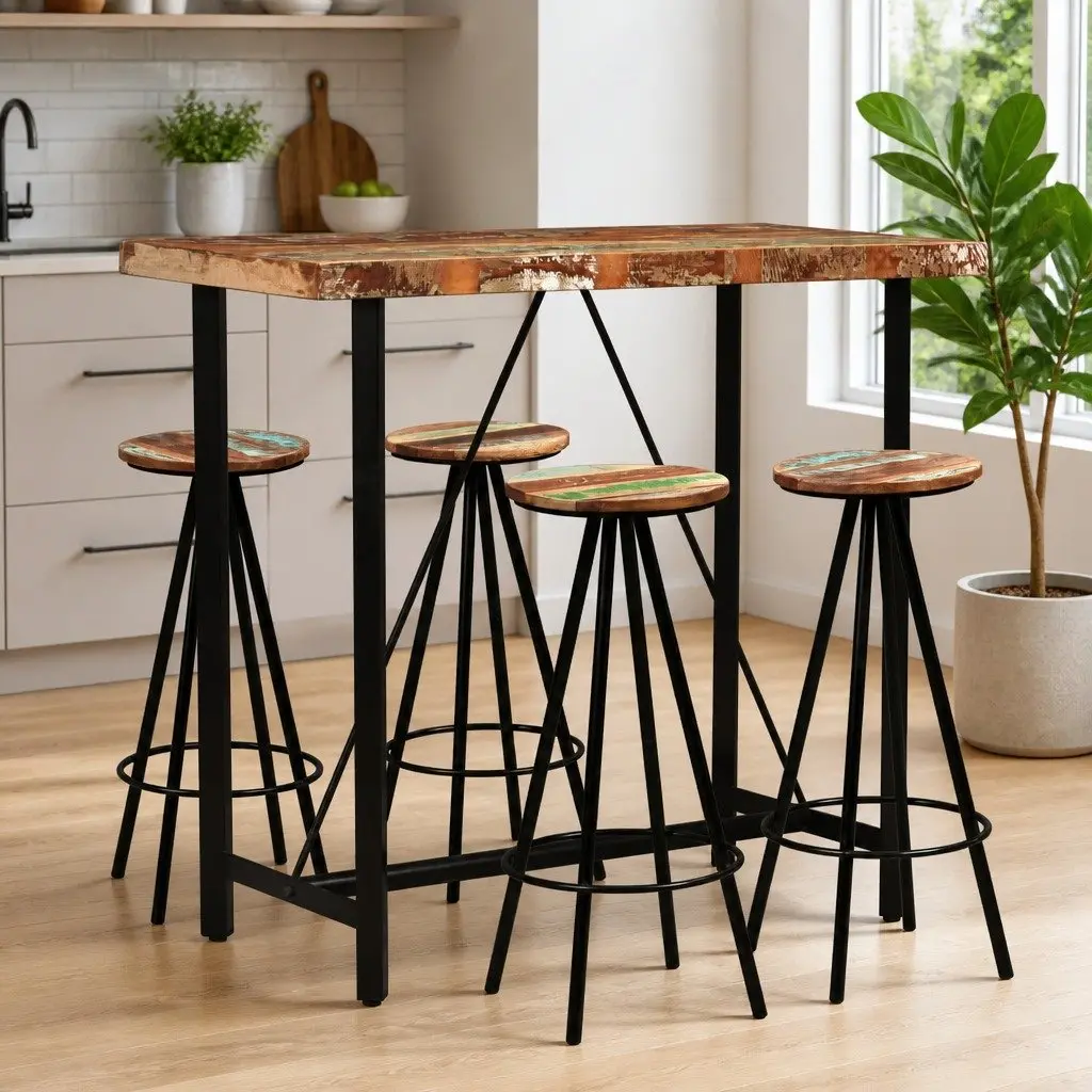 Bar Set 5 Pieces Solid Reclaimed Wood Industrial Style Table Stools Brown