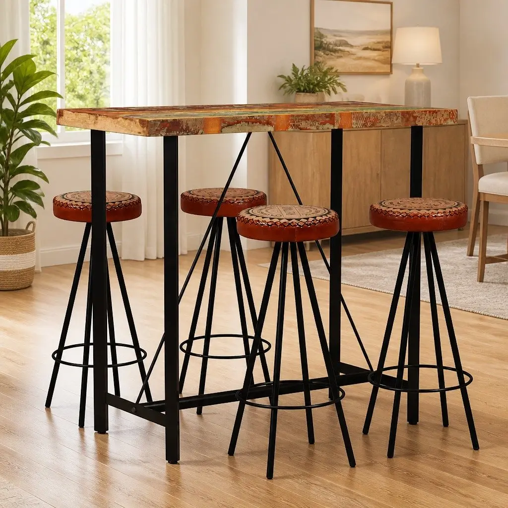 Bar Set 5 Pieces Solid Wood Reclaimed Industrial Kitchen Dining Table Stools