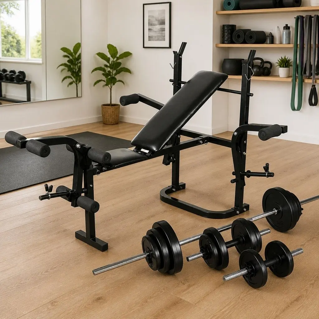 Folding Weight Bench with Barbell Set