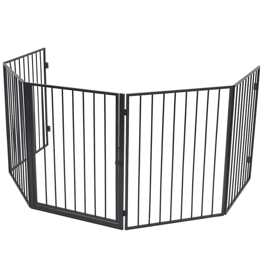 Fireplace Screen for Pets Indoor Black Steel Barrier with Swing Gate