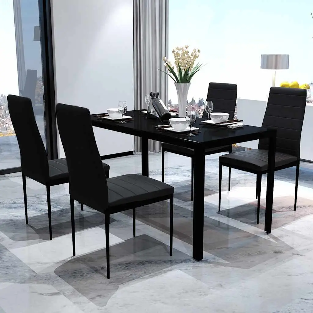 Dining Set Kitchen 5 Piece Black Modern Table 4 Chairs Artificial Leather